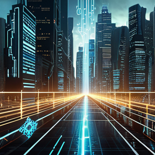 Home 11 **Image Prompt:** "A futuristic cityscape with data streams flowing between skyscrapers, protected by glowing, intricate cryptographic symbols. Emphasize the concept of data encryption in transit. A subtle QR code linking to a cybersecurity awareness website is discreetly placed."