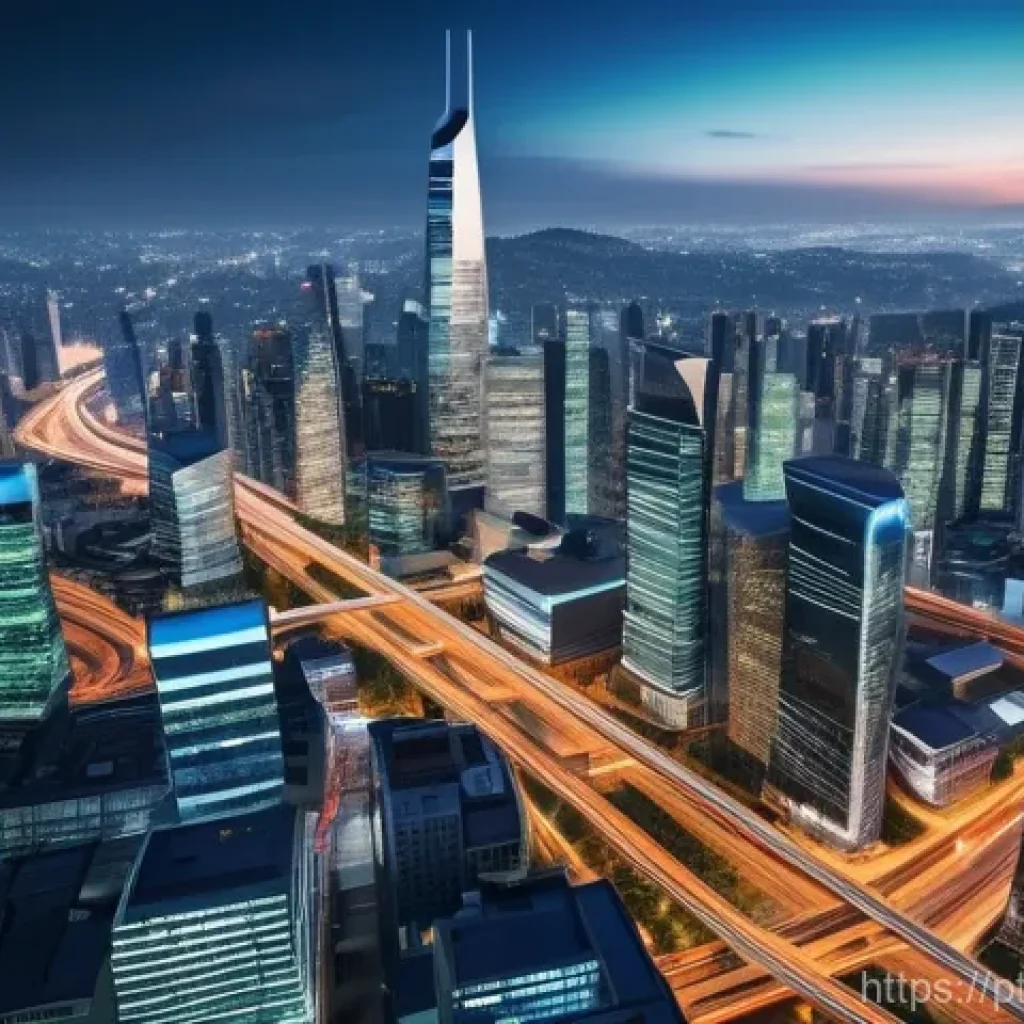 암호화 프로토콜의 성능 평가 기준 - **Prompt:** A bustling, futuristic smart city viewed from an elevated perspective at dusk. The city ...