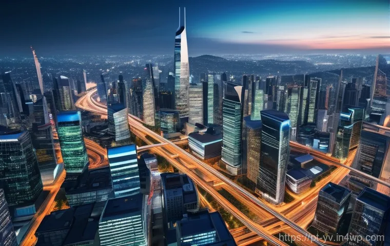 암호화 프로토콜의 성능 평가 기준 - **Prompt:** A bustling, futuristic smart city viewed from an elevated perspective at dusk. The city ...