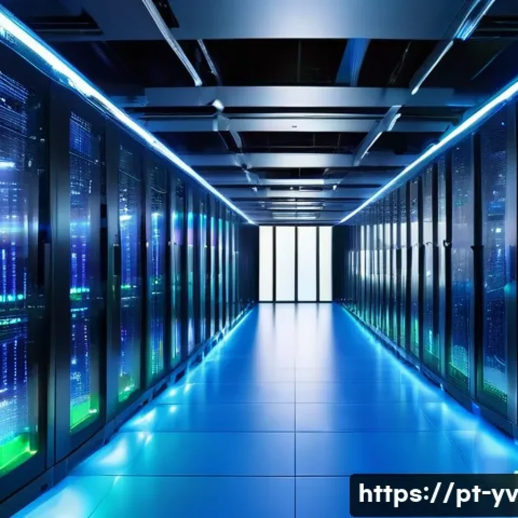 암호화 프로토콜의 성능 최적화 방법 - A detailed, futuristic data center interior with rows of sleek servers illuminated by cool blue and ...