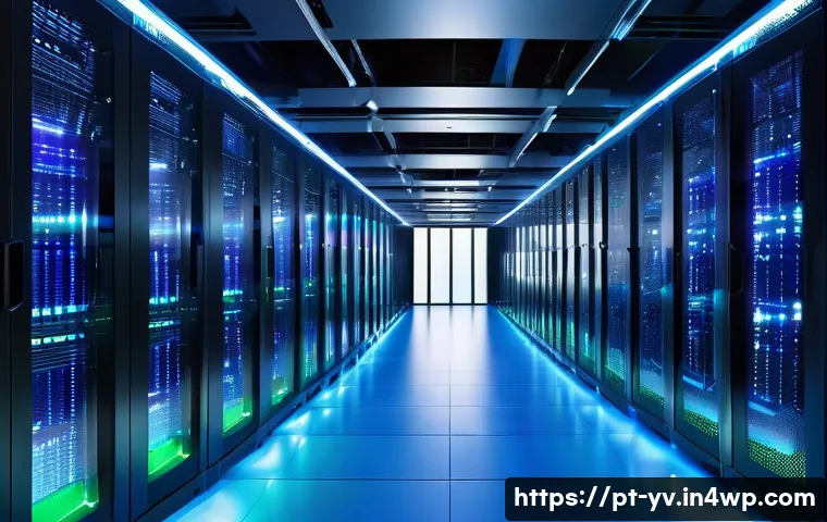 암호화 프로토콜의 성능 최적화 방법 - A detailed, futuristic data center interior with rows of sleek servers illuminated by cool blue and ...