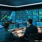 Home 20 암호화 프로토콜을 위한 키 관리 방법 - A high-tech cybersecurity control room with diverse Brazilian professionals monitoring digital key m...