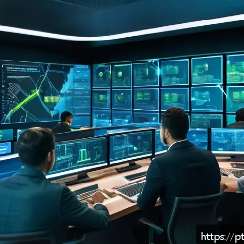 Home 32 암호화 프로토콜을 위한 키 관리 방법 - A high-tech cybersecurity control room with diverse Brazilian professionals monitoring digital key m...