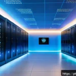 Home 19 암호화 프로토콜을 사용하는 클라우드 서비스 비교 - A modern, sleek cloud storage data center room with glowing servers displaying AES-256 and TLS encry...