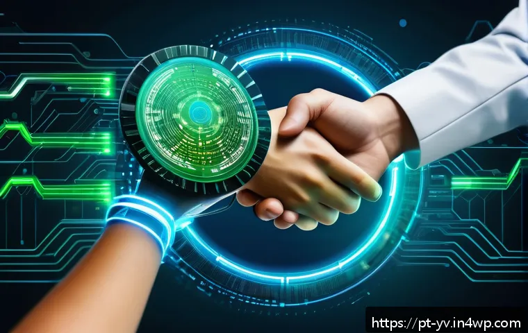 TLS 버전별 차이점 및 개선 사항 분석 - A futuristic digital illustration of a secure web connection handshake between a client and a server...